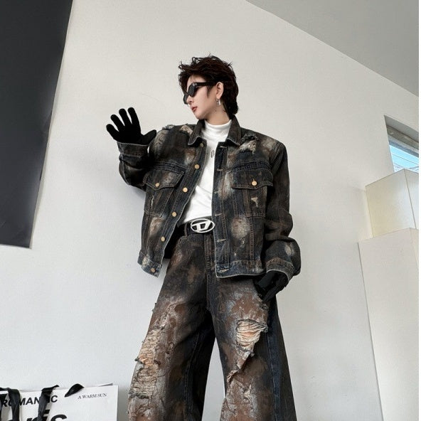 Painting Do The Old Cowboy Jacket Ripped Denim Trousers Men Loose Outfit